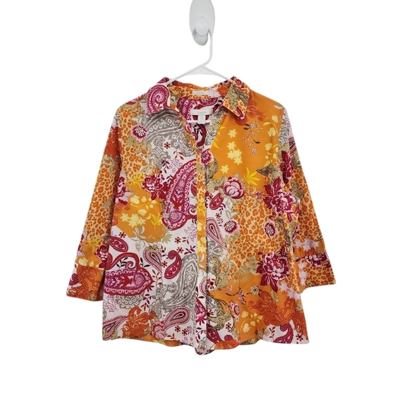 Chico's Women's 100% Cotton Paisley No Iron Button Down Shirt - Picture 1 of 8